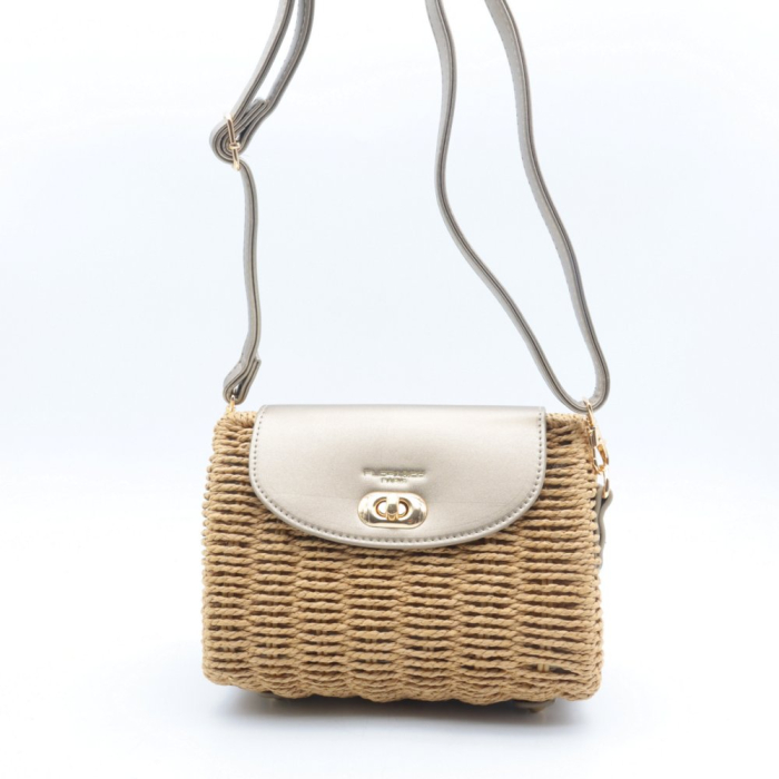 Sac bandoulière Flora&Co en paille de papier avec rabat en simili-cuir 0925026 doré