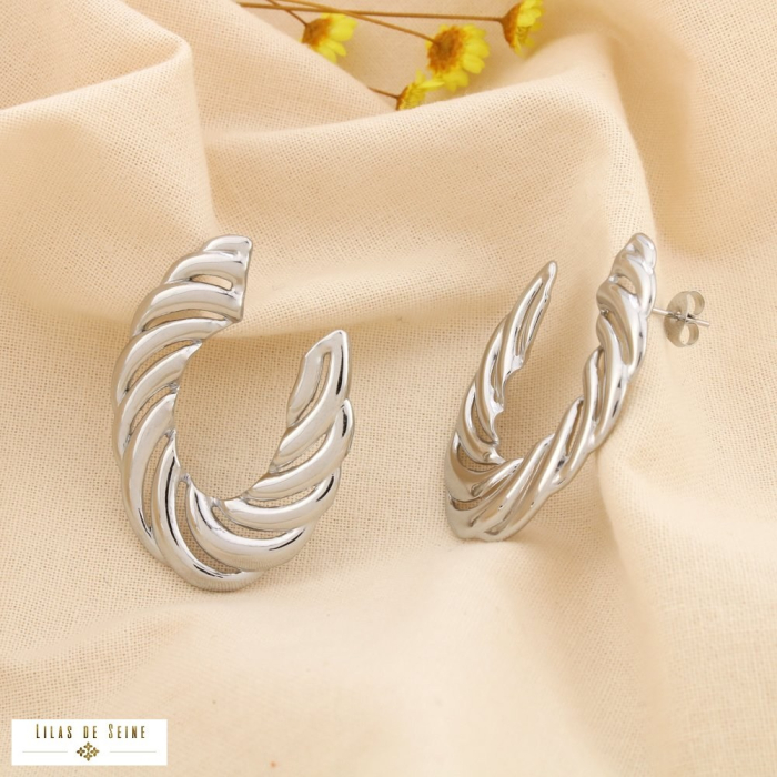 Boucles d’oreilles acier inox effet torsadé ajouré 0325125 argenté