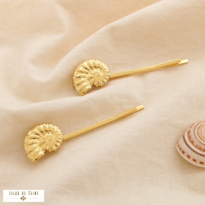 2 Pinces à cheveux marin coquille fossile acier 0625100 doré