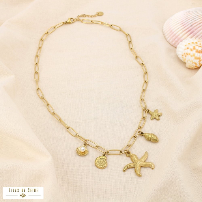 Collier acier marin étoile de mer coquillage perle 0125126 doré