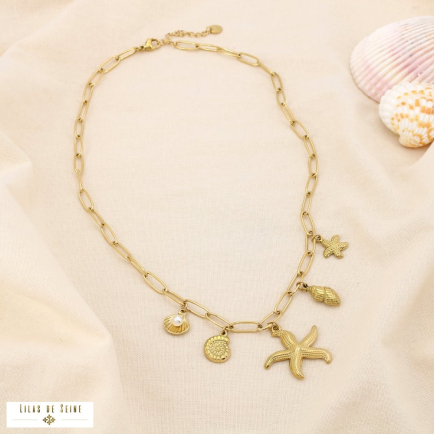 Collier acier marin étoile de mer coquillage perle 0125126 doré