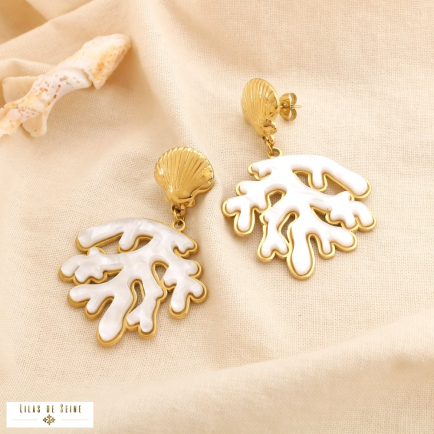 Boucles d’oreilles acier résine corail coquillage 0325126 blanc