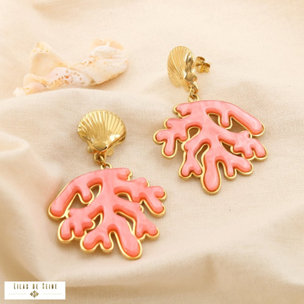 Boucles d’oreilles acier résine corail coquillage 0325126 rouge corail