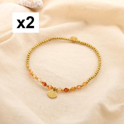 2 Bracelets élastiques fins acier pierre coquillage 0225195 rouge