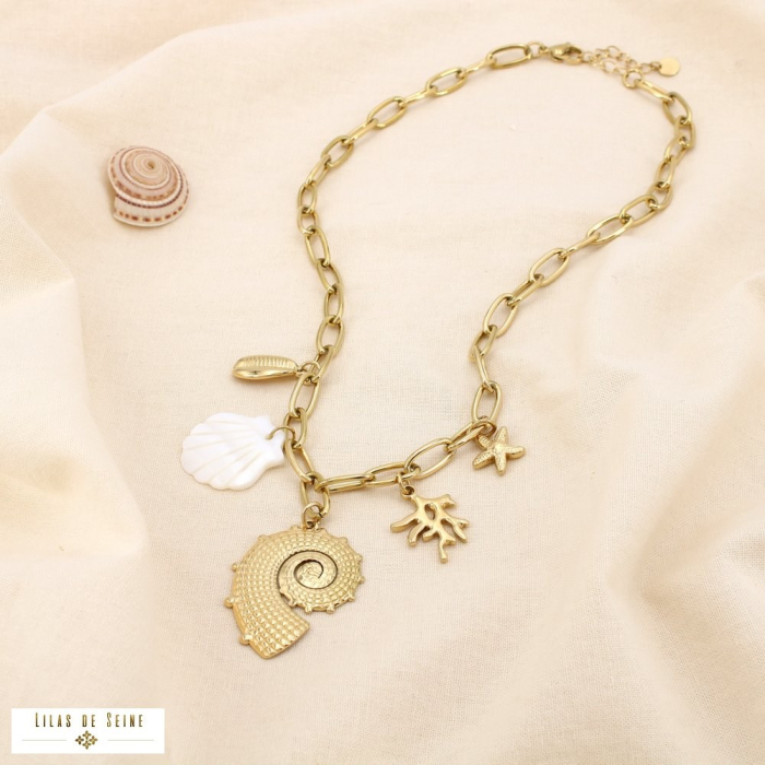 Collier charms acier nacre astérie coquillage corail 0125128 doré