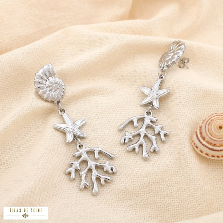 Boucles d’oreilles acier corail spirale astérie 0325093 argenté