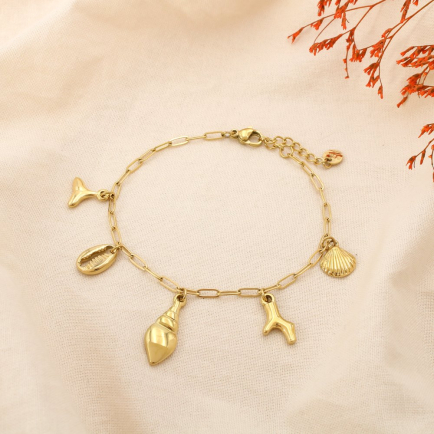 Bracelet acier coquillage corail queue de baleine 0225164 doré