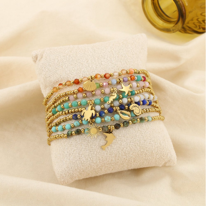 8 Bracelets élastiques billes acier pierre marin 0225213 multi