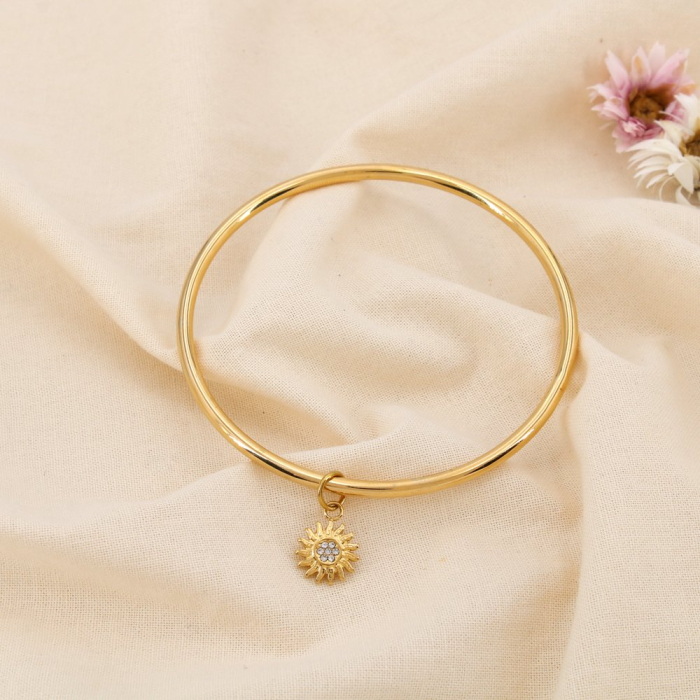 Bracelet Jonc acier inox strass breloque soleil 0225231 doré