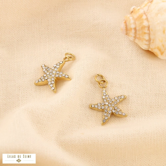 2 Charms étoile de mer breloque acier inox strass 0625058 doré