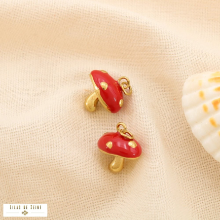 2 pendentifs champignon charm acier inoxydable émail 0625059 rouge