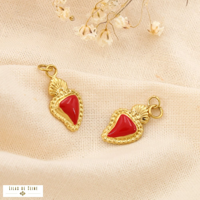 2 Pendentifs cœur sacré charm acier inoxydable émail 0625062 rouge