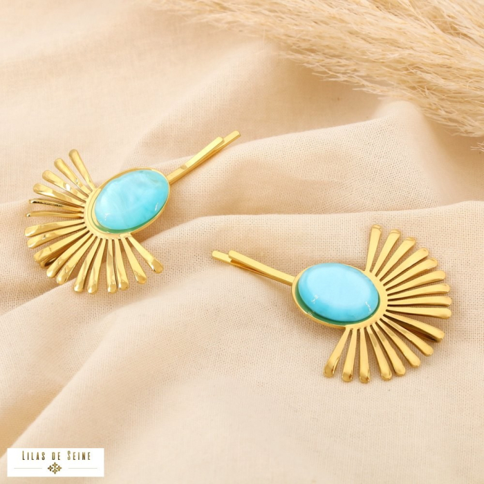 2 Pinces à cheveux éventail acier résine colorée 0625098 bleu turquoise