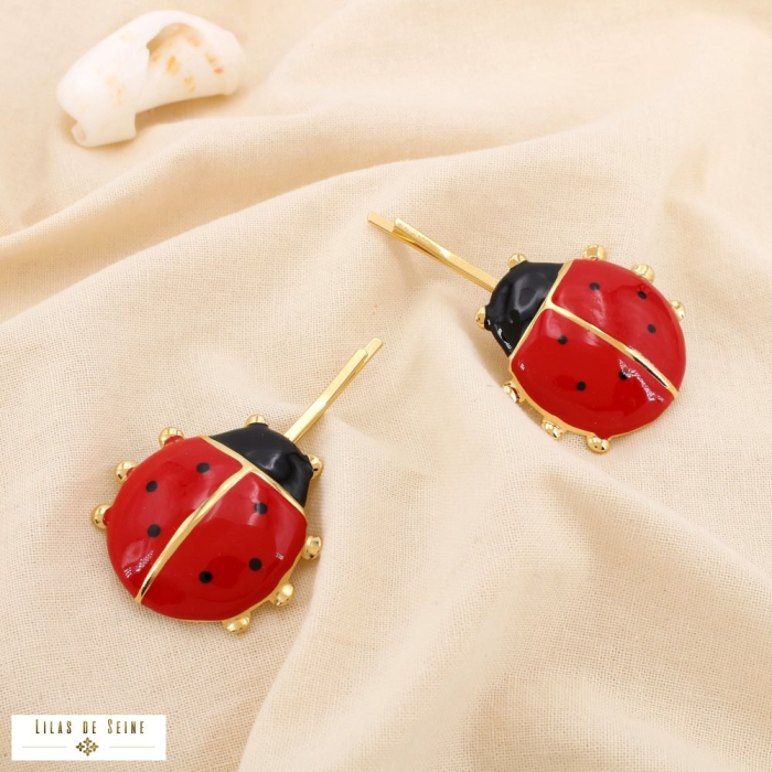 2 Pinces à cheveux méga coccinelle acier émaillé 0625104 rouge