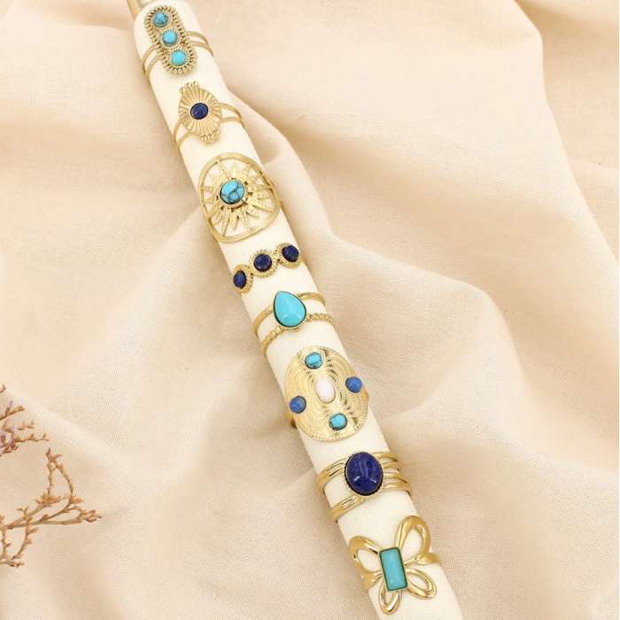 Ensemble 8 bagues acier pierre nuance turquoise 0425102 bleu turquoise