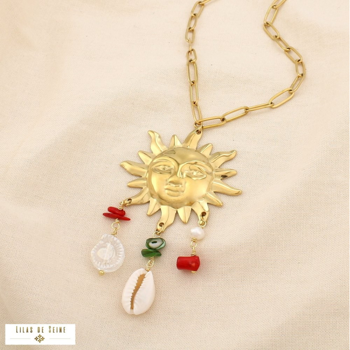 Collier sautoir acier soleil perles coquillage nacre 0125172 multi