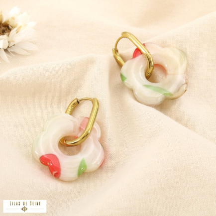 Boucles d'oreilles fleur acier résine fraise cerise 0325137 naturel/beige