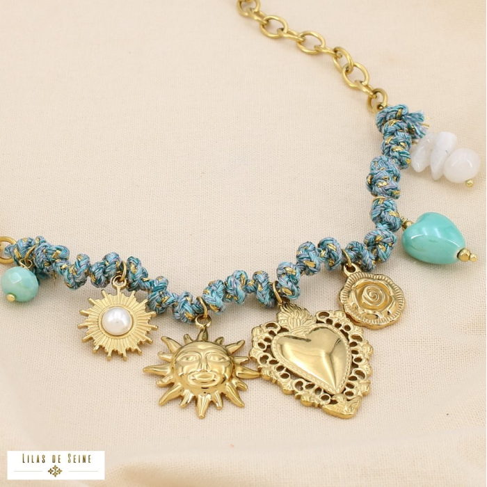 Collier acier cordon breloque soleil coeur rose 0125162 bleu turquoise