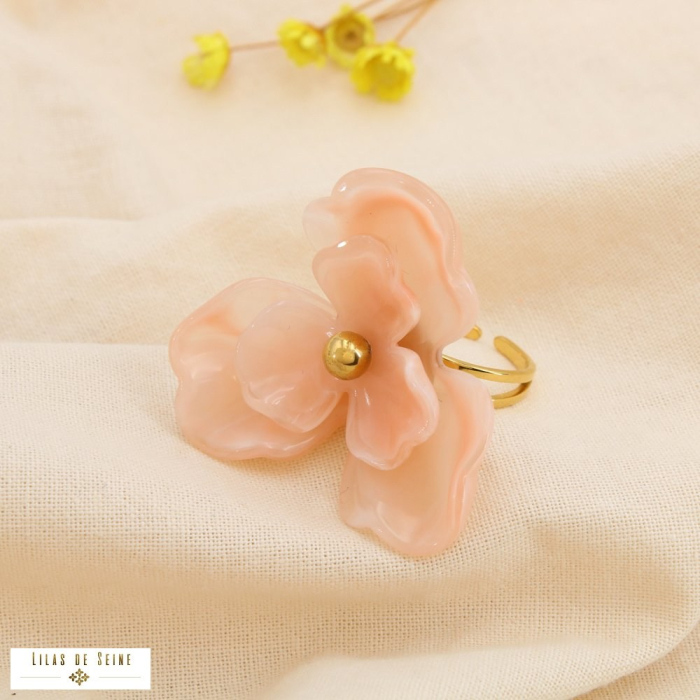 Bague fleur acier inoxydable résine marbrée 0425072 rose