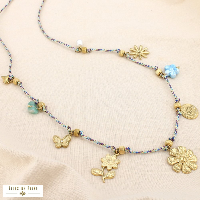 Collier acier cordon breloque floral coeur papillon 0125163 bleu