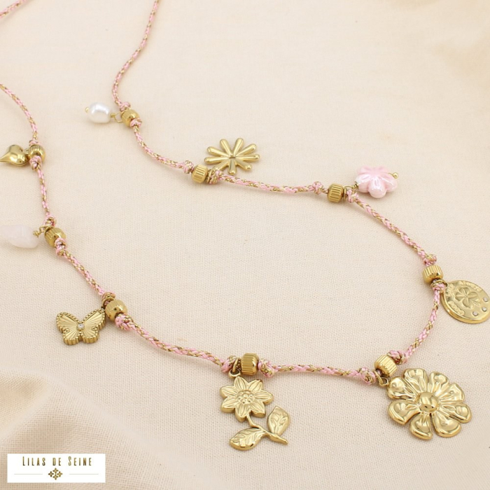 Collier acier cordon breloque floral coeur papillon 0125163 rose
