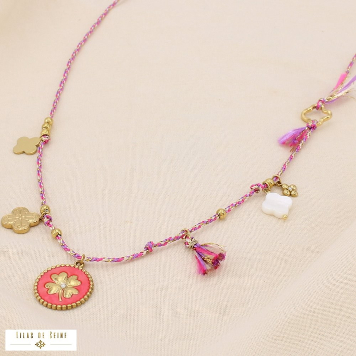 Collier acier cordon breloque trèfle nacre strass 0125165 fushia