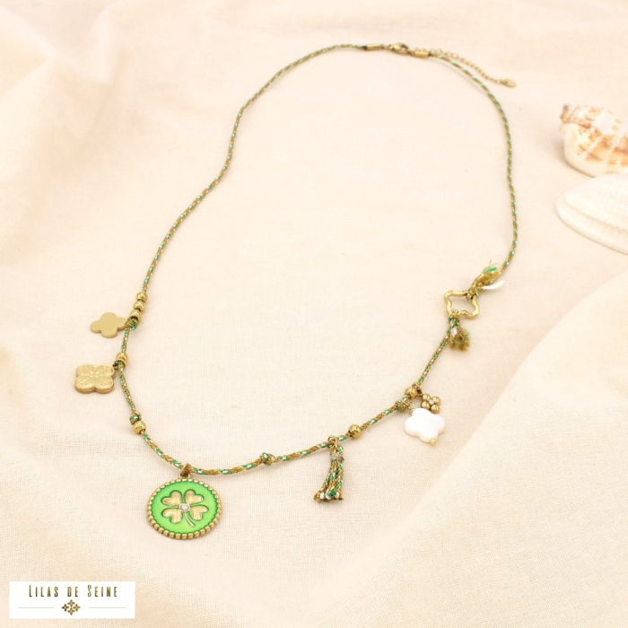 Collier acier cordon breloque trèfle nacre strass 0125165 vert aqua