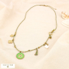 Collier acier cordon breloque trèfle nacre strass 0125165 vert aqua