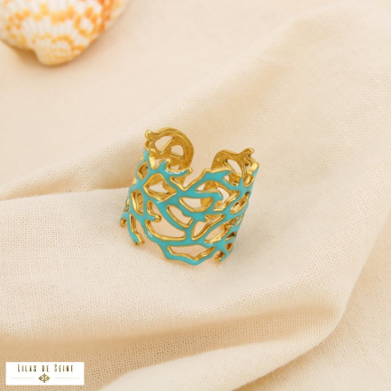 Bague marin ajouré corail acier inox émaillé coloré 0425066 bleu turquoise