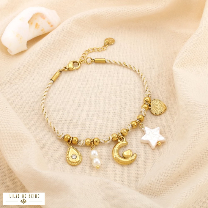 Bracelet charms cordon tressé noué breloques acier 0225215 naturel/beige
