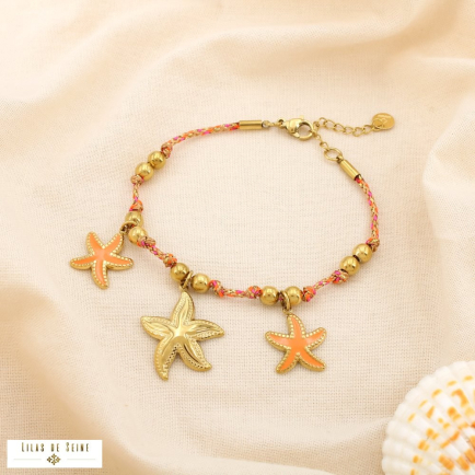 Bracelet cordon pampilles étoiles de mer acier émail 0225216 rouge corail