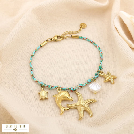 Bracelet marin cordon pampille marin acier acrylique 0225217 vert aqua
