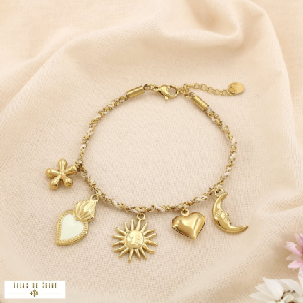 Bracelet cordon chaîne tressé breloque acier émail 0225218 naturel/beige