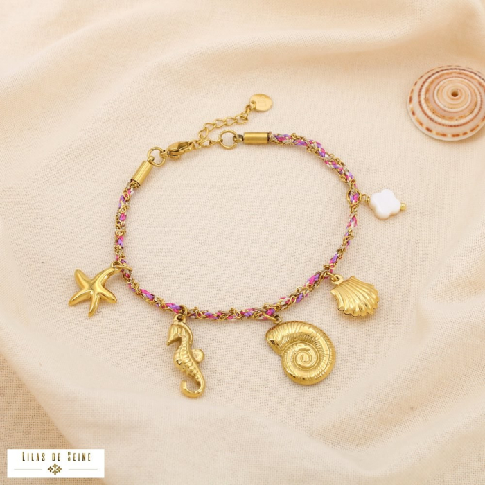 Bracelet marin cordon tressé charm acier nacre 0225219 fushia