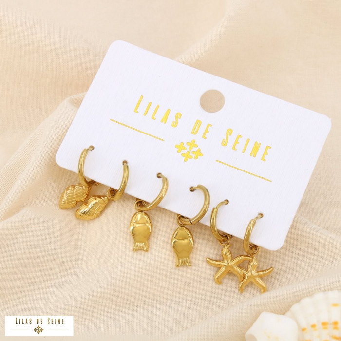 Set de 3 boucles d'oreilles minimaliste acier marin 0325115 doré