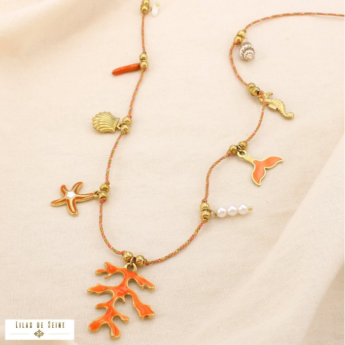 Collier cordon breloque marin acier émail coquillage 0125164 rouge corail