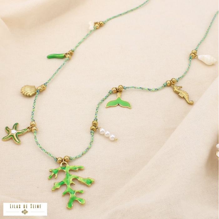 Collier cordon breloque marin acier émail coquillage 0125164 vert aqua