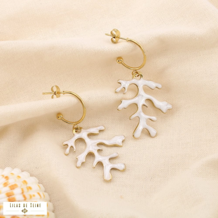 Boucles d’oreilles demi-créoles acier émail corail 0325159 naturel/beige