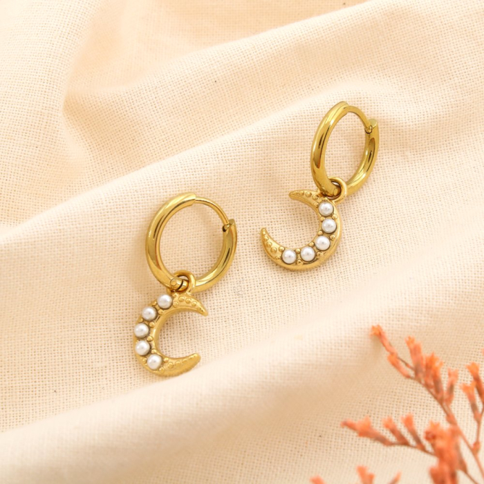 Boucles d'oreilles acier mini-créole lune perle 0325173 doré