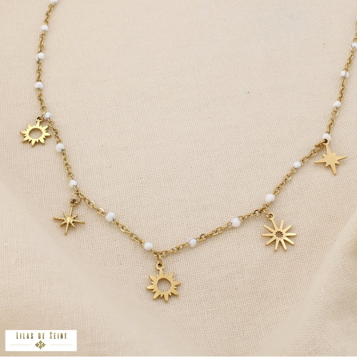Collier chapelet bille émaillée étoile soleil acier 0125137 blanc