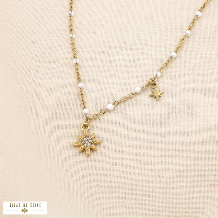 Collier étoile chapelet bille émaillée acier strass 0125138 blanc