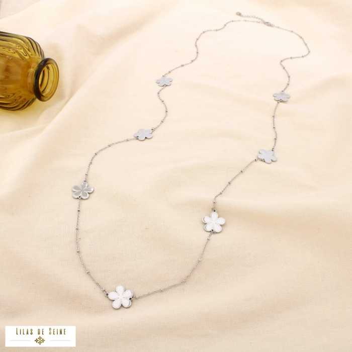Collier sautoir fleurs billes acier inoxydable 0125119 argenté