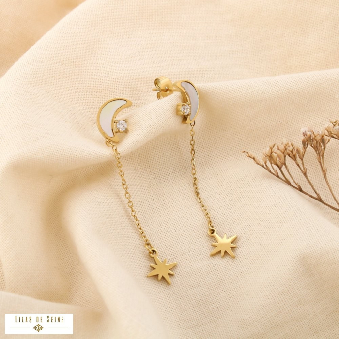 Boucles d’oreilles lune étoile acier nacre strass 0325110 doré