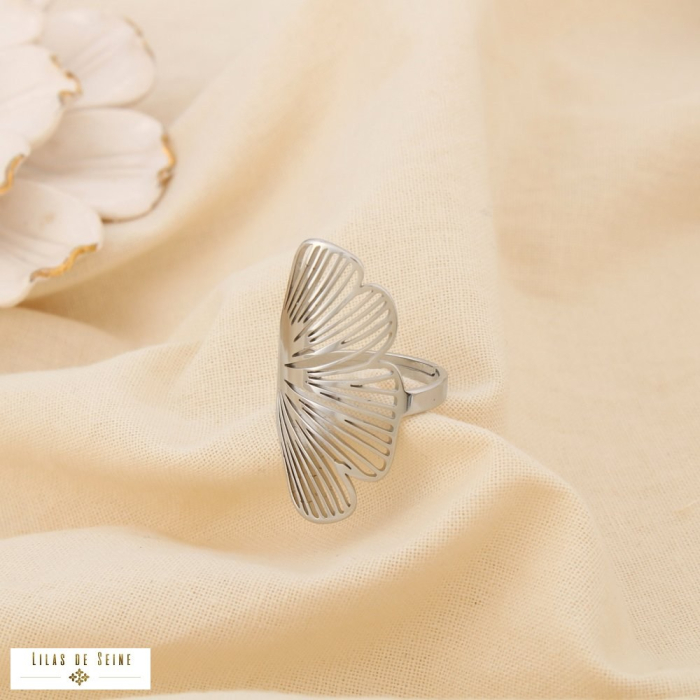 Bague acier inoxydable feuille ginkgo ajourée 0425056 argenté