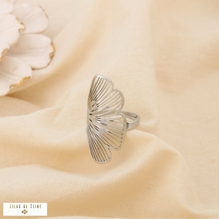 Bague acier inoxydable feuille ginkgo ajourée 0425056 argenté