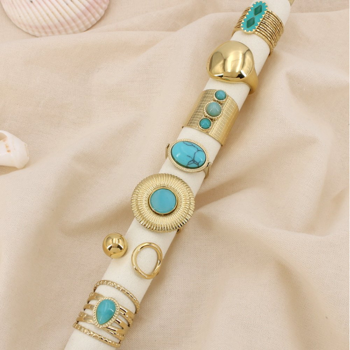 Ensemble 7 bagues acier pierre émail turquoise 0425105 bleu turquoise