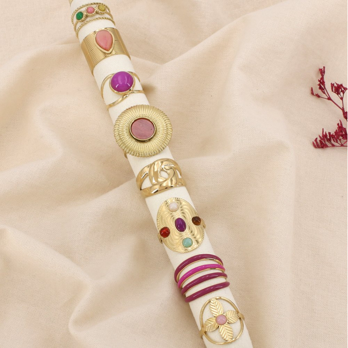 Ensemble 7 bagues acier pierre émail nuance mauve 0425104 magenta