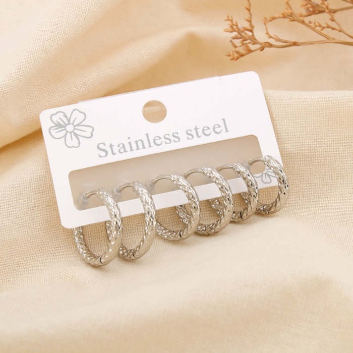 Trio boucles d'oreilles acier inox martelé créoles 0324620 argenté