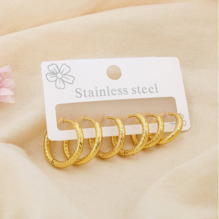 Trio boucles d'oreilles acier inox strié créoles 0324621 doré