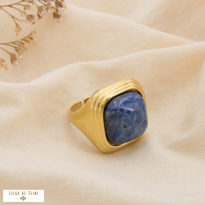 Bague réglable acier inoxydable cabochons pierre 0425109 bleu foncé